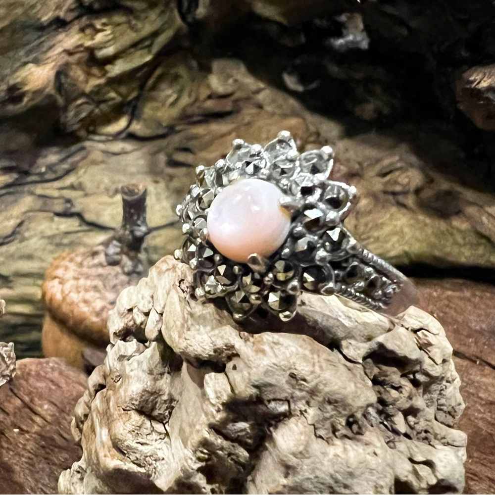 Artisan Sterling Ring Marcasite Pink Quartz Cabochon Floral Victorian 8.5